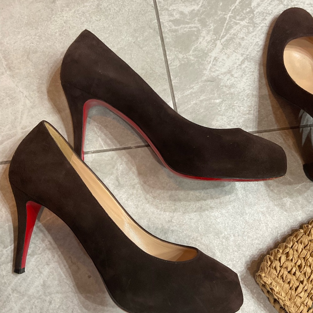 Christian Louboutin Brown Suede Peep Toe Platform Pumps